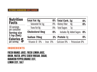 Nutrition Facts 10 servings per container. serving size 1tsp. Calories per serving 5.