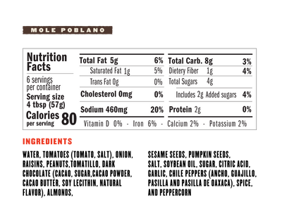 Nutritional Facts: 6
 servings per container. Serving size 4 tbsp. Calories per serving 80.