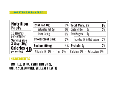 Nutrition Facts: 10 servings per container. Serving size 2 tbsp. Calories per serving 10